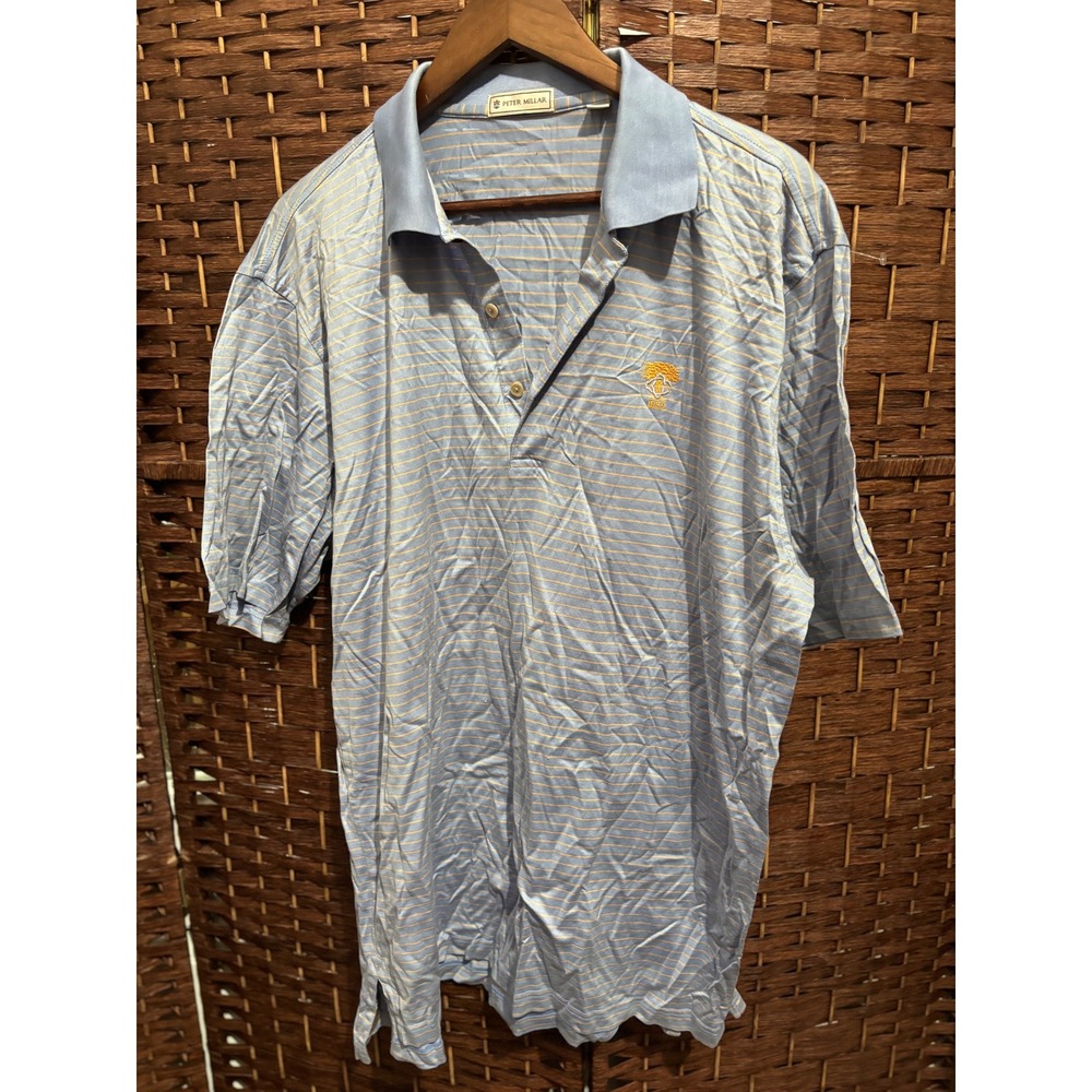 Peter Millar Mens Golf Polo Shirt Blue Striped Logo‎ Sz L